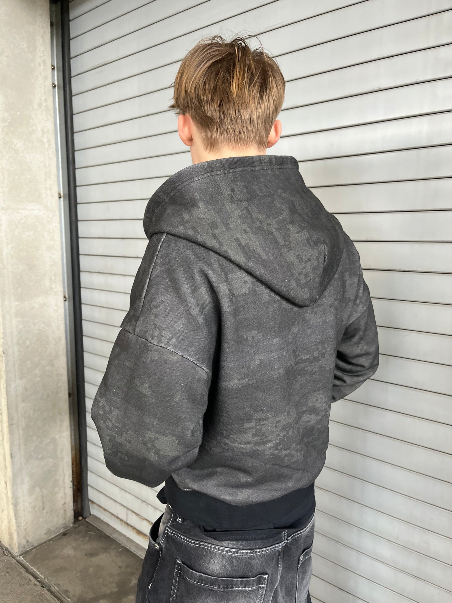 reversible "dark digital" zip up