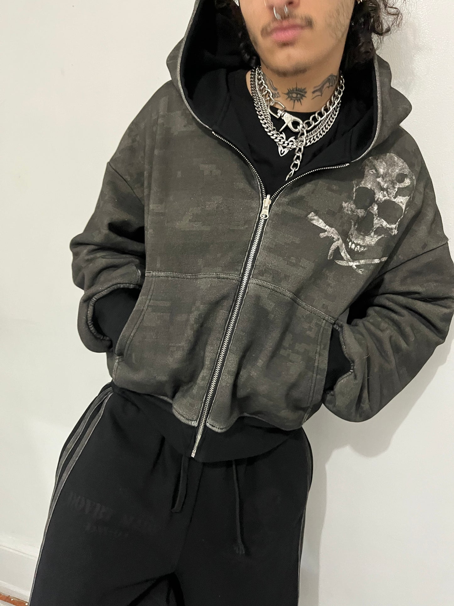 reversible "dark digital" zip up