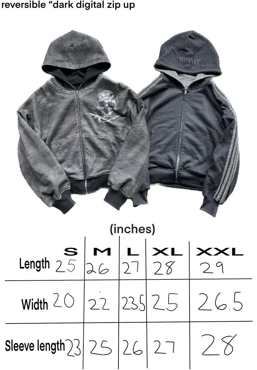 reversible "dark digital" zip up